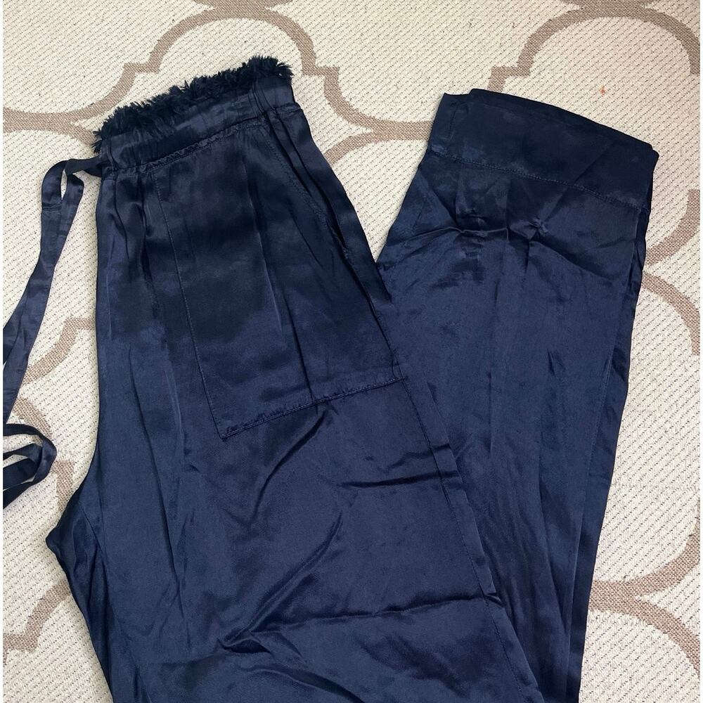 Tina + Jo Anthropologie Satin Drawstring High Rise Wide Leg Pants Navy Blue sz M